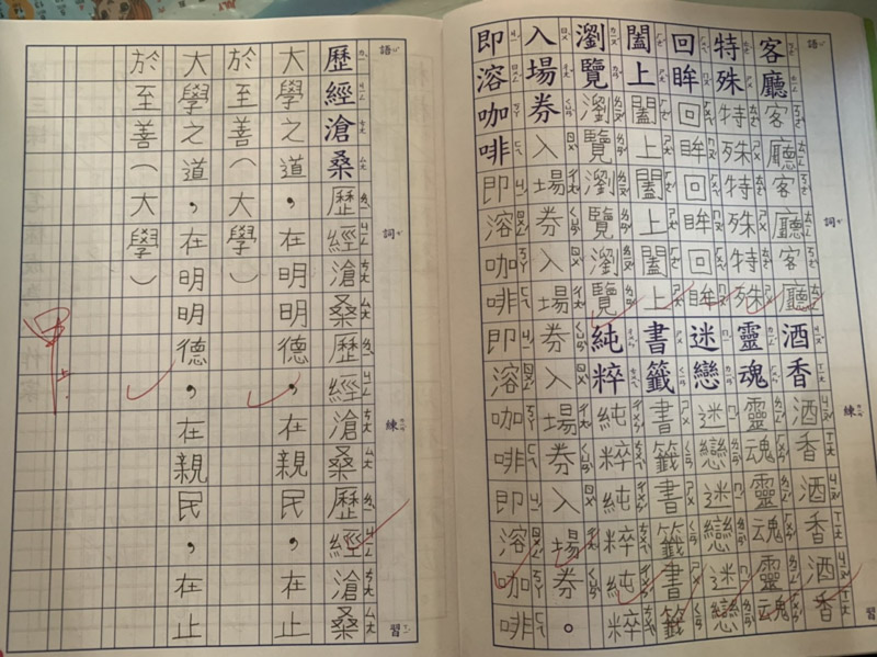 王太太大兒子的作業本.被老師稱讚字跡宮整.常被打甲上的好成績